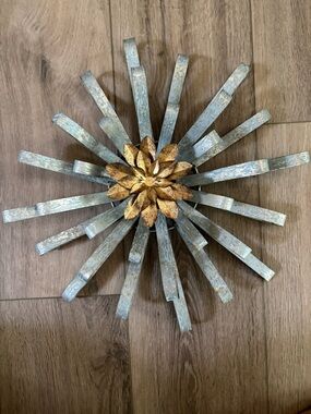 Distressed Silver Sunburst Wall Flower Accent with Gold Center